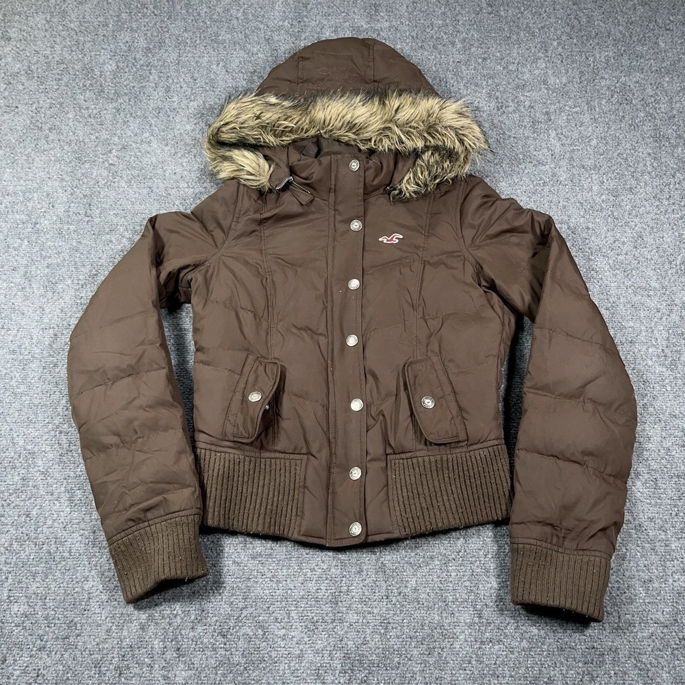 VTG Y2K Hollister Down Filled Puffer Jacket Womens Large Faux Fur Hood Cropped